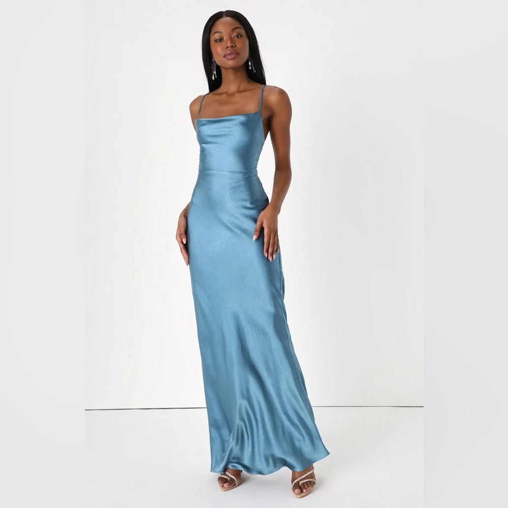 Inspire Romance Slate Blue Satin Cowl Neck Lace-Up Maxi Dress - L